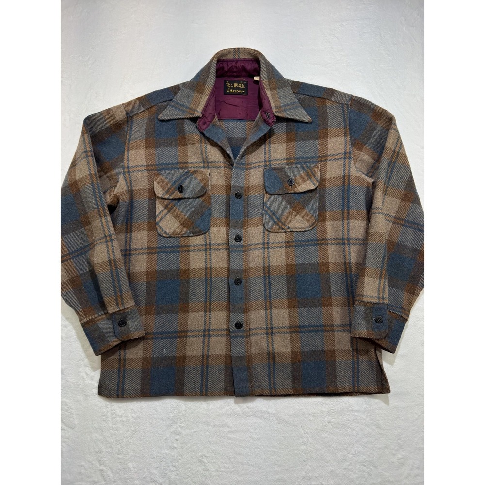 Vintage Arrow Jacket Mens Large Brown Plaid Wool CPO Shirt Jacket Lined‎ 60s